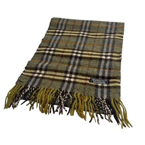 Burberry's Men's Olive Green Multicolored Checkered Wool Fringe lambswool Scarf - Picture 6 of 6